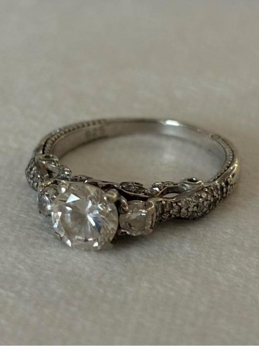 925 Sterling Silver Vintage Style Faux Diamond Engagement Ring Size 8.75